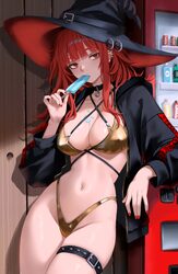 1girl belt bikini black choker black hat black jacket breasts choker commentary criss-cross straps ear piercing food fo…