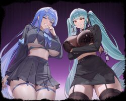 2girls absurdres aqua hair arcana (fortune mate) (nikke) arcana (nikke) belt black belt black bra black panties black s…