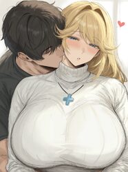 1boy 1girl alternate costume apple apel black hair black shirt blonde hair blue eyes blush breasts commander (nikke) co…