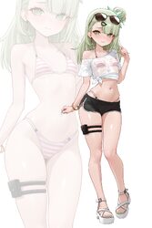 1girl absurdres bikini bikini under clothes black shorts breasts dolphin shorts eyewear on head feet full body green ey…