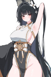 1girl absurdres animal ear fluff animal ears arm behind head armpits black hair breasts commentary fox ears fox girl ha…