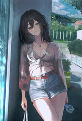 1girl absurdres bag belt black hair blue eyes blue shorts blue sky bottle breasts building cleavage cloud commentary co…