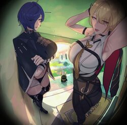 ... 1other 2girls absurdres anger vein armpits artist name bangboo (zenless zone zero) blonde hair breasts closed mouth…