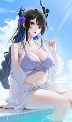 1girl absurdres alternate costume alternate hairstyle asymmetrical horns bikini black hair blue hair blue sky braid bre…