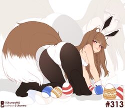 1girl all fours alternate costume animal ears ankle ass bare shoulders black pantyhose blunt bangs breasts brown hair c…