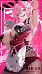 1girl absurdres apron arm up armpits bare shoulders black dress black pantyhose breasts cleavage clipboard commentary c…