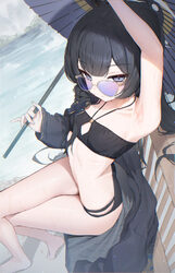 1girl absurdres arm up armpit focus armpits bandeau bare legs barefoot bikini black bikini black hair black robe blue a…