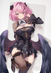 1girl black dress black shoes black thighhighs black wings breasts cleavage closed mouth commentary dress feathered win…