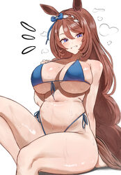 1girl animal ears bare arms bare shoulders bikini blue bikini blue eyes blush bow braid braided ponytail breasts brown …