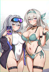 2girls absurdres alternate costume aqua pupils bare shoulders bikini black jacket blue-tinted eyewear blue eyes blush b…