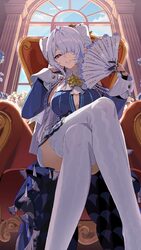 1girl bare shoulders blue sky breasts chinese commentary cleavage cloud commentary couch crossed legs dress flower grey…