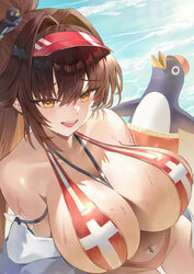 1girl blush breasts brown eyes brown hair cleavage commentary full cleavage goddess of victory  nikke greenapple hair i…