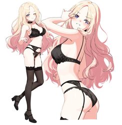 ) 1girl ass black bra black garter belt black panties black shoes black thighhighs blonde hair blush bra breasts commen…
