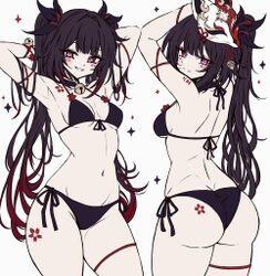 1girl alternate costume armpits arms behind head arms up ass ass tattoo back bare shoulders bell bikini black bikini bl…