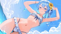 1girl absurdres arms up bikini blue eyes blue hair blue sky blurry blurry background cloud colored eyelashes commentary…