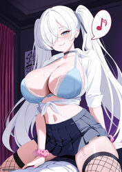 1boy 1girl amesuku gyaru bad id bad pixiv id blue bra blue eyes blue skirt bra breasts cinderella (nikke) commentary co…