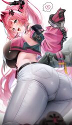 1girl arknights arknights  endfield ass ass focus black gloves black horns blue eyes breasts commentary crop top crotch…
