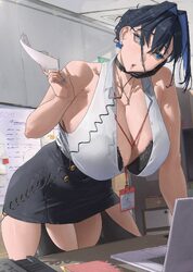 1girl absurdres alternate costume archinoer bare arms black bra black hair black skirt black thighhighs blue eyes blue …