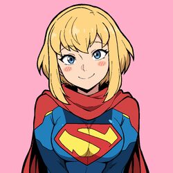 1girl blonde hair blue bodysuit blue eyes blush stickers bodysuit breasts cape closed mouth commentary dc comics englis…