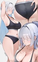 1girl absurdres alternate costume arm up armpits ass black panties blue hair blunt bangs breasts calvin klein cleavage …