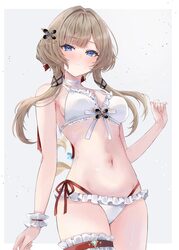1girl alternate costume bare shoulders blue eyes blush bra breasts brown hair closed mouth commentary cowboy shot frill…
