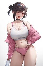 1girl  d absurdres bare shoulders blunt bangs blush bottle breasts buruma bush choker cleavage commentary double bun ey…