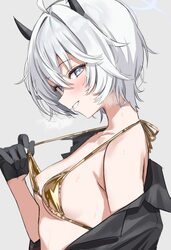 1girl ahoge armpit crease bare shoulders bikini bikini tug black horns black shirt blue archive blue eyes blush breasts…