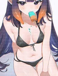 1girl absurdres bikini black bikini breasts commentary dripping food food in mouth halterneck highres hololive hololive…
