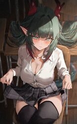 1girl absurdres alternate costume arknights arknights  endfield black skirt black thighhighs blush breasts chair cleava…