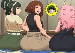 1boy 3girls absurdres ashido mina ass asui tsuyu black dress black eyes boku no hero academia breasts brown eyes brown …