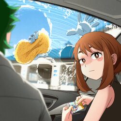 1boy 2girls against glass all might animated black shirt blurry blurry foreground boku no hero academia breast press br…