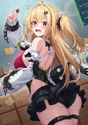 1girl ahoge ardenlolo arm up ass bare shoulders black panties black skirt blonde hair blush breasts chalky (zenless zon…