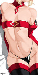 1girl artist name bandeau black panties blonde hair breasts collar commentary detached sleeves english commentary fate …