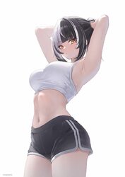 1girl armpits arms behind head arms up black hair black shorts blunt bangs blush breasts commentary crop top dolphin sh…