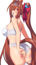 1girl adjusting clothes adjusting panties animal ears ass bare arms bare shoulders blush bow bow bra bra breasts brown …