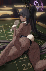 1girl absurdres animal ears arm tattoo ass black hair blue archive breasts casino casino card table commentary dark-ski…