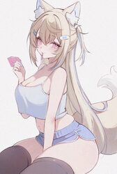 1girl absurdres animal ears bandaid bandaid hair ornament black thighhighs blonde hair blue shorts blue streaks breasts…