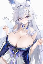 1girl  o absurdres animal ear fluff animal ears azur lane bare shoulders blue eyes breasts cleavage commentary curvy de…