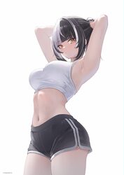 1girl armpits arms behind head arms up black hair black shorts blunt bangs breasts commentary crop top dolphin shorts e…