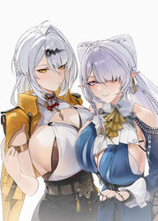 2girls black shorts blue dress blush breasts commentary dress earrings grey hair hair ornament hairclip high-waist shor…