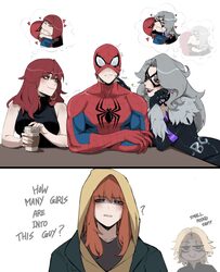 1boy 4girls ? absurdres bisexual female black cat (marvel) cheek poking english text felicia hardy girl sandwich grey h…