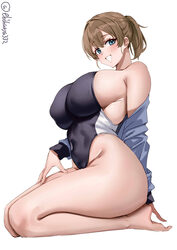 1girl artist name bare shoulders barefoot black one-piece swimsuit blue eyes blush breasts brown hair commentary reques…