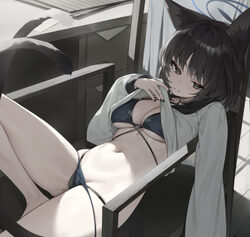 1girl absurdres animal ear fluff animal ears bikini bikini under clothes black hair black nails black tail blue archive…