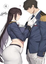 1boy 1girl absurdres apple apel ass black hair blue necktie blush breasts closed mouth collared shirt commander (nikke)…