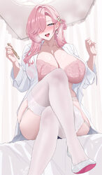 1girl absurdres azur lane blush bra breasts chinese commentary cleavage commentary request crossed legs curtains earrin…