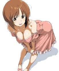 1girl bare shoulders bent over blush breasts brown eyes brown hair cleavage commentary request covered nipples dress gi…