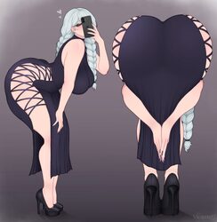 1girl absurdres amen pose (meme) artist name ass ass focus black dress black shoes braid braided bangs braided ponytail…