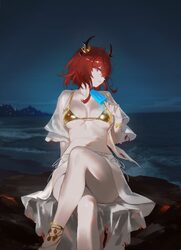 1girl absurdres alternate costume arknights arknights  endfield arm support bikini black horns bracelet breasts breasts…