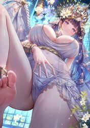 1girl barefoot belt blue eyes blue hair bracelet breasts commentary dress english commentary feet flower gold belt grec…