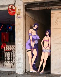 2girls absurdly long hair annimeone7 bare shoulders blush breasts cleavage collarbone commentary covered nipples cutoff…